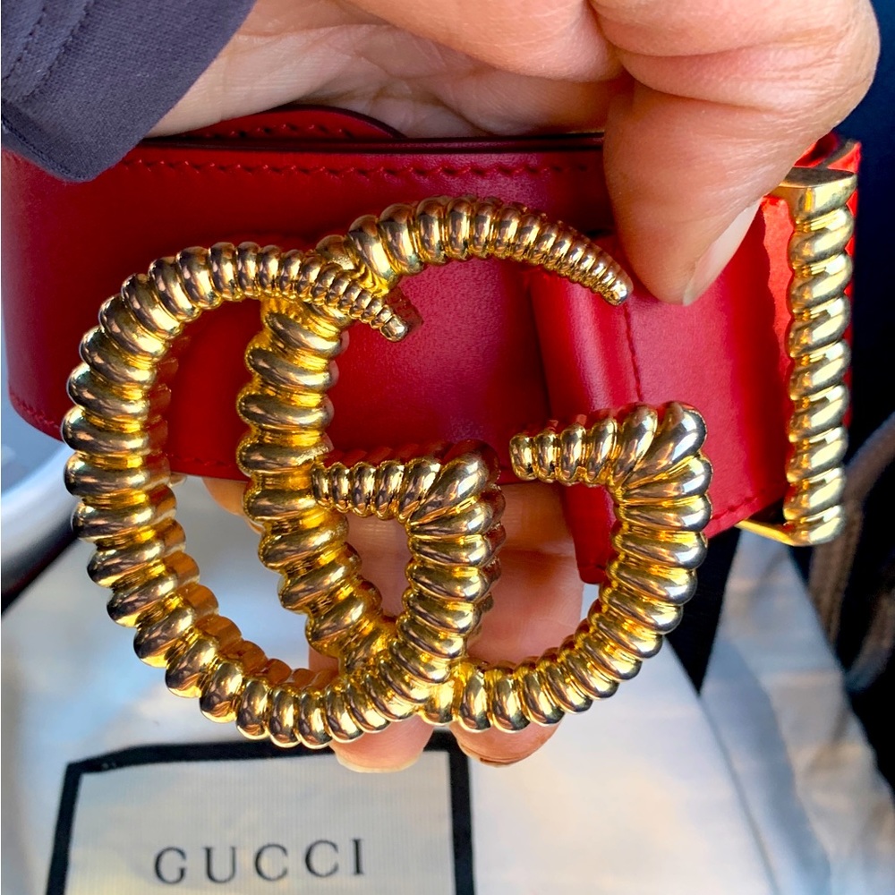 GUCCI Calfskin Torchon Double G 30mm Belt 90 36 Hibiscus Red